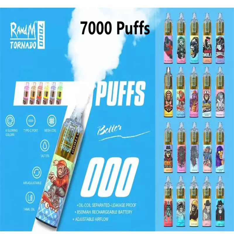 China Cheapest Factory Randm Tornado 7000 5% NIC Disposable E Dispositivo de cápsula de cigarrillos potente batería 14ml cartucho de relleno de malla bobina Luz de cristal RGB VAPE