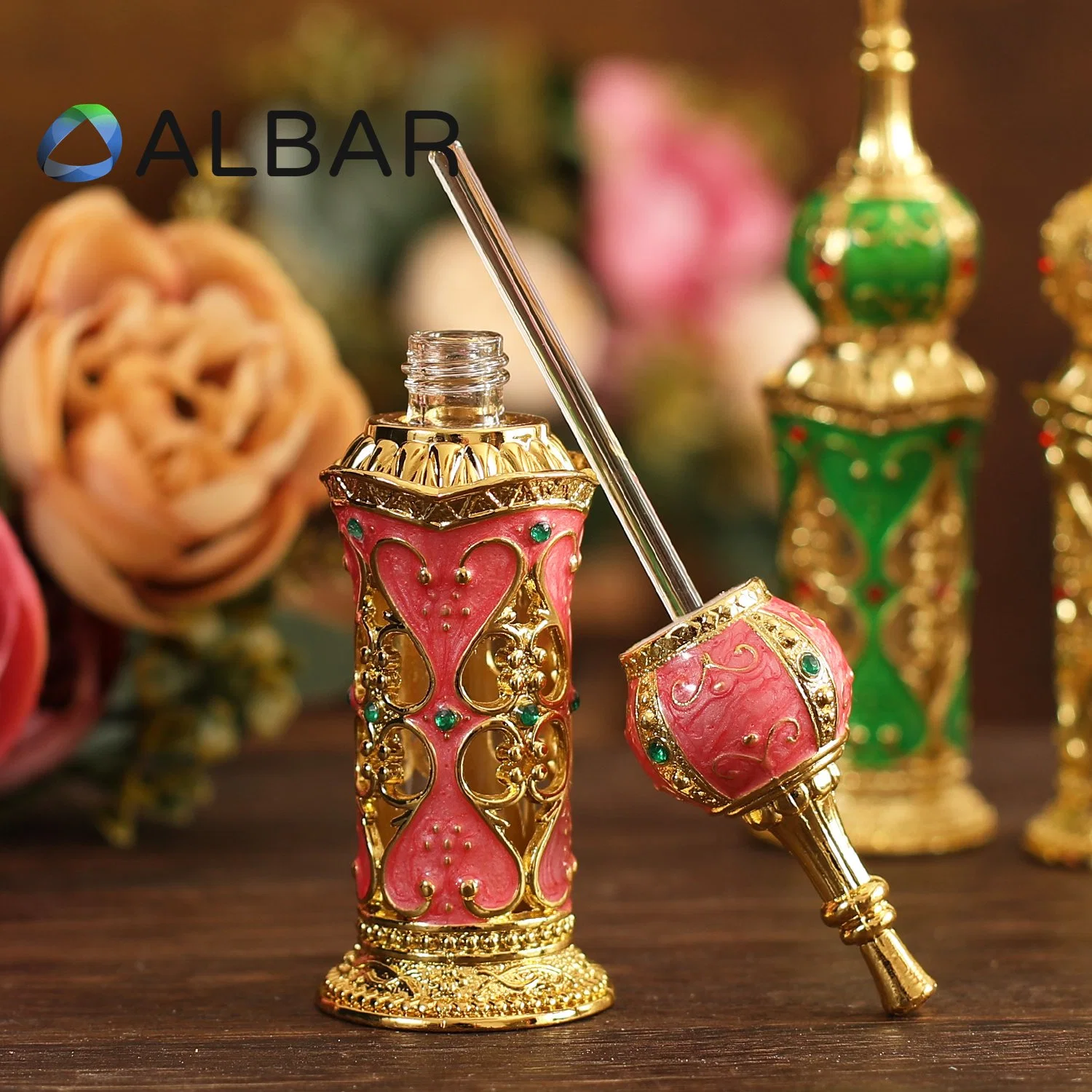 Round Caps Attar Oud Zamac Perfume Bottles with Glass Sticks Green Pink Gold