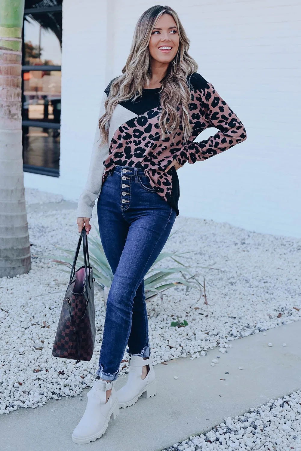 Fall/Winter Fashion Clothes Apparel Black Leopard Colorblock Casual Women Lady Long Sleeve Top