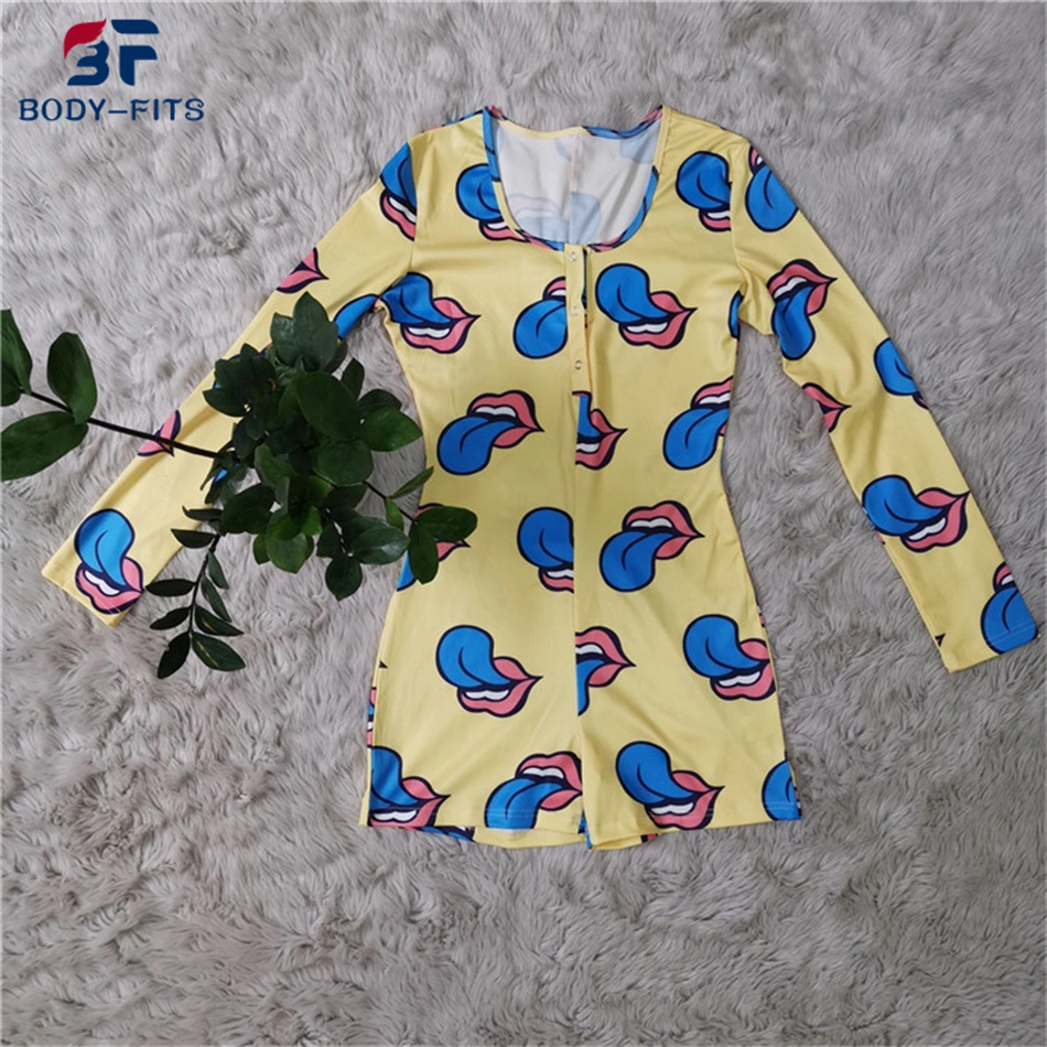 Women Tongue Print Long Sleeve Sexy Party Onesie Pajamas Sexy Sleepwear