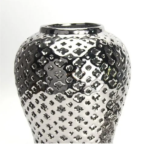 J155S Luxury Interior Hogar Decoration Silver Ceramic Vase Sets Porcelain Hollow out Ginger Jar