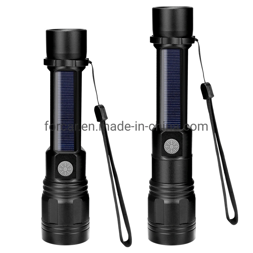 Linterna de emergencia LED Zoomable Iluminación potente portátil Camping Tactical Solar LÁMPARA LED Flash Brújula supervivencia exterior Luz solar LED linterna