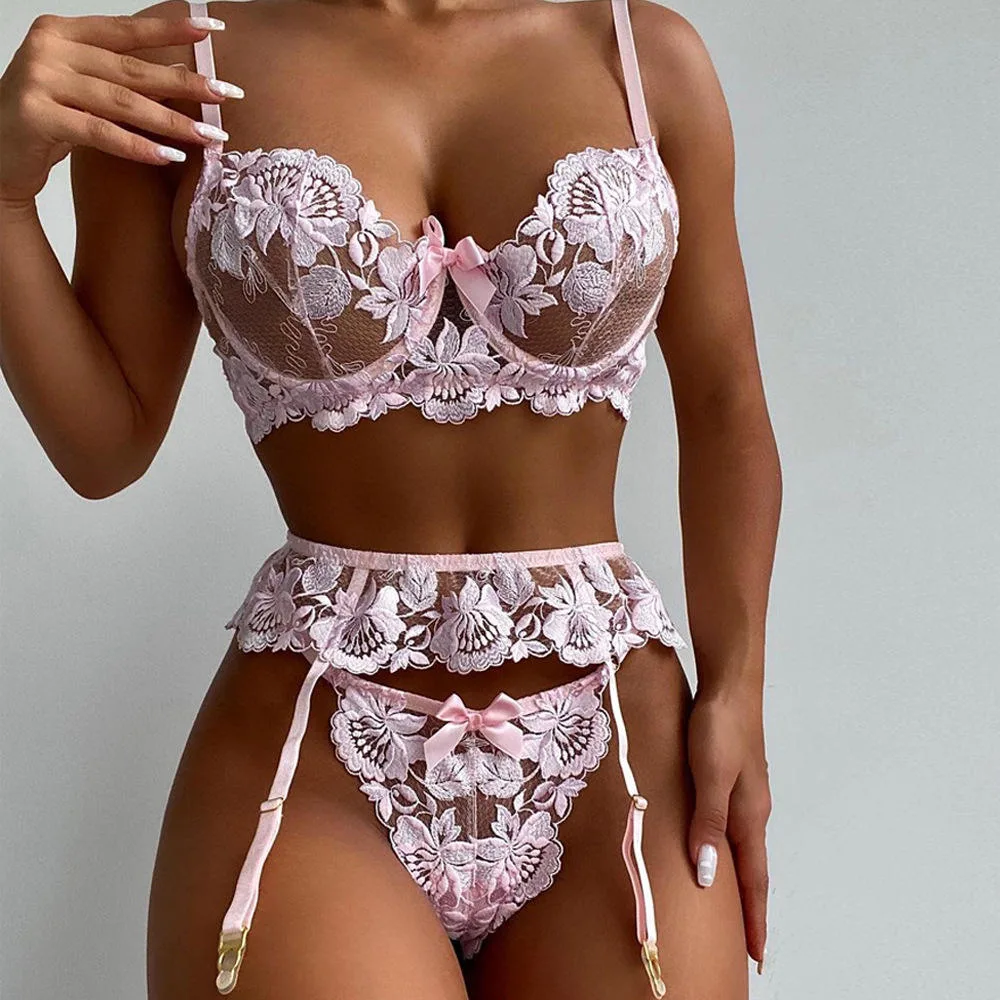 Women Underwear Sex Lace Langery Sexy Women Floral Embroidered Mesh Lingerie Set