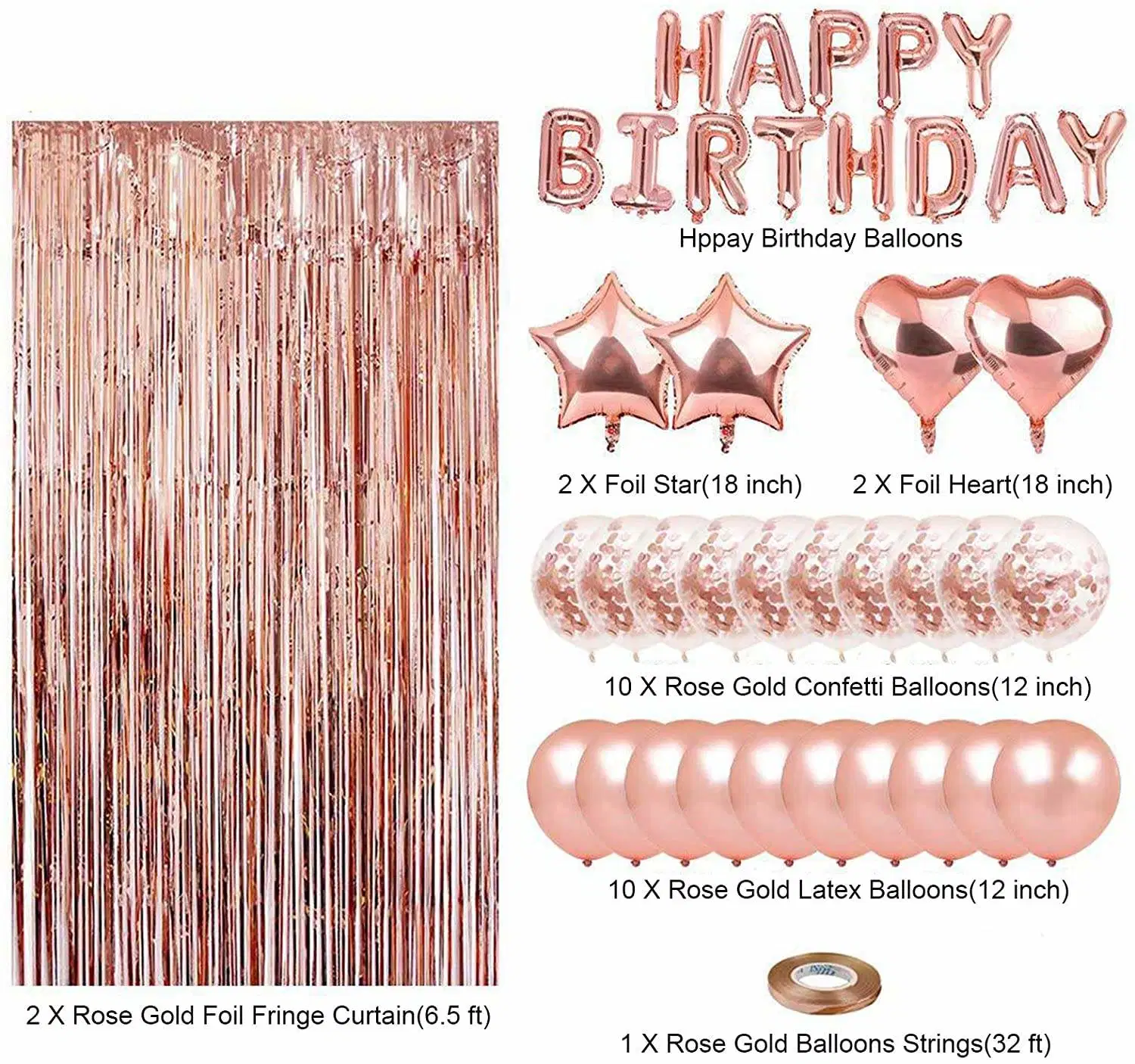 27PC Rose Gold Geburtstagsparty Supplies Set Banner Folie Stern Herz Ballons Fransen Vorhang