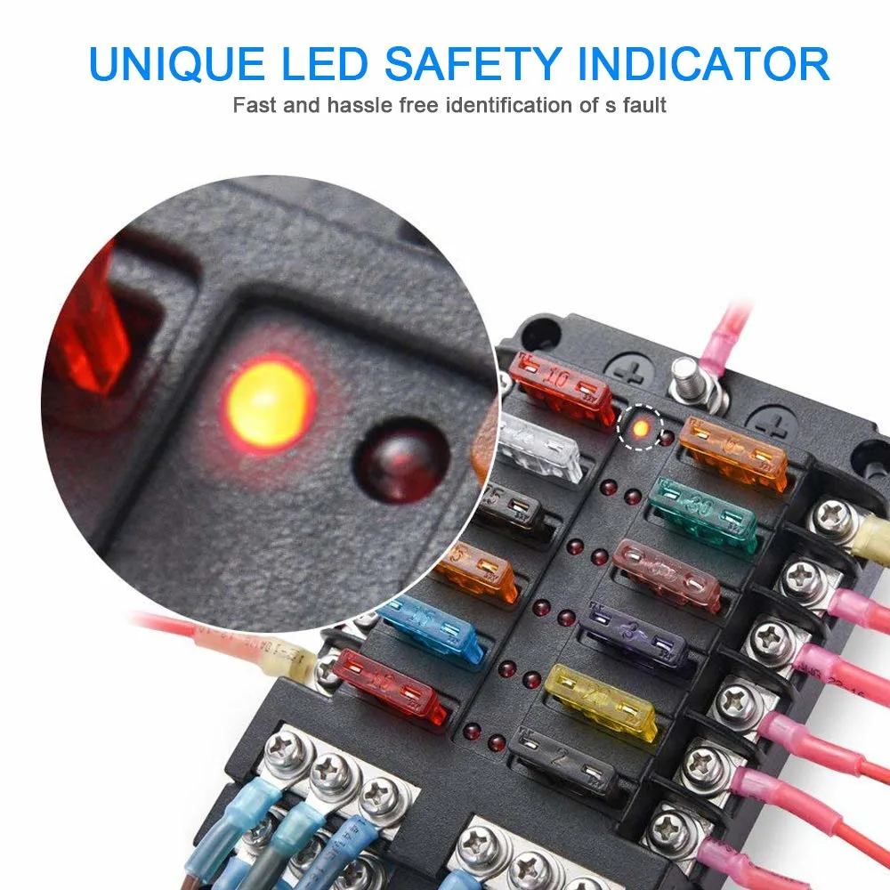 Caja de fusibles de 12 vías titular del bloque de fusibles de la hoja Tuerca Terminal w/Bus negativo 5 A 10 A 15 A 20 Un indicador LED de fusibles cubierta impermeable para automoción coche barco marino