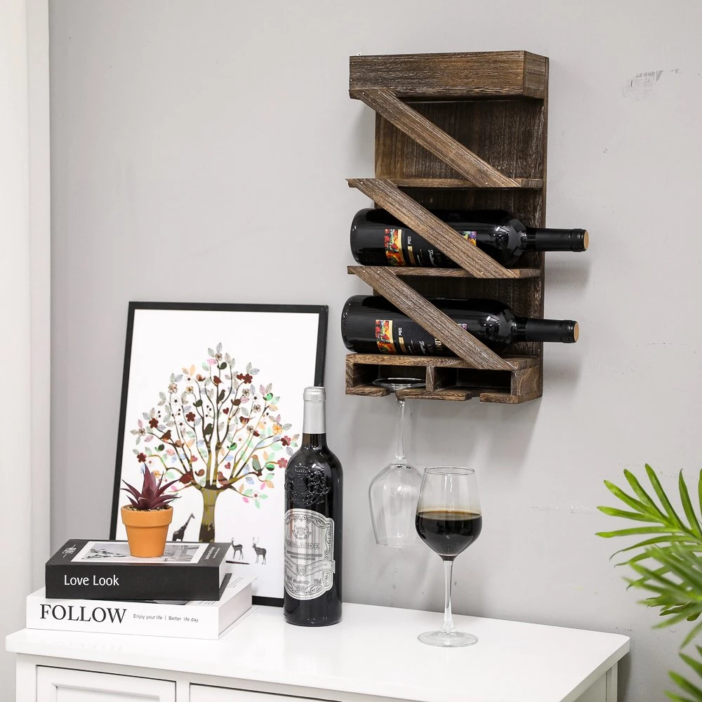 Custom Shape Rustic 5 Wine Bottle Holder Shelf Wood Wine Wall Rack