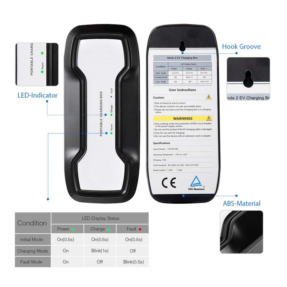 SAE J1772 Portable Charger Box for Electric Cars with Type 1 Plug Schuko 16A