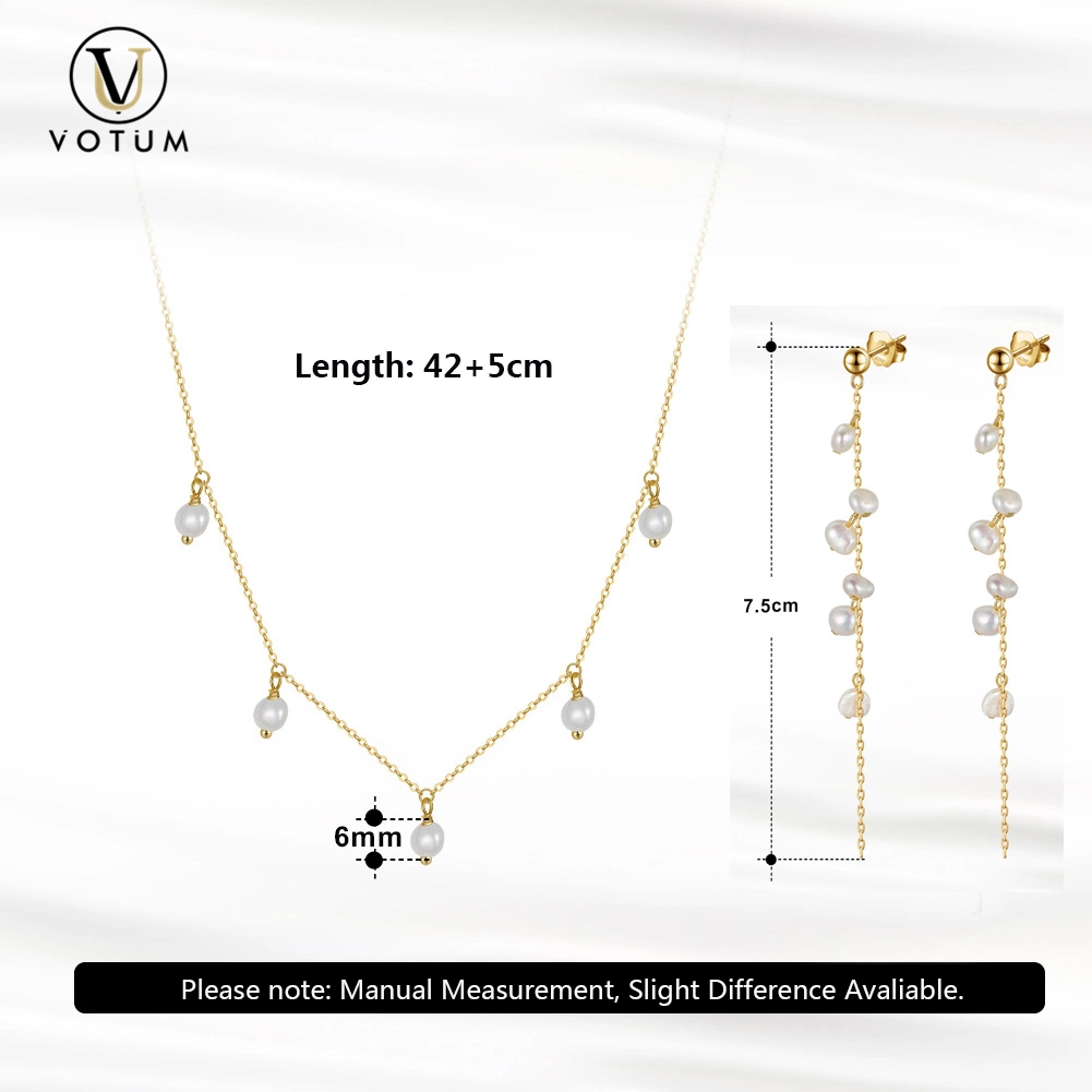 Votum Factory Customize 925 Silver 18K Gold Plated Chinese Freshwater Pearl Necklace Set Earring Jewelry