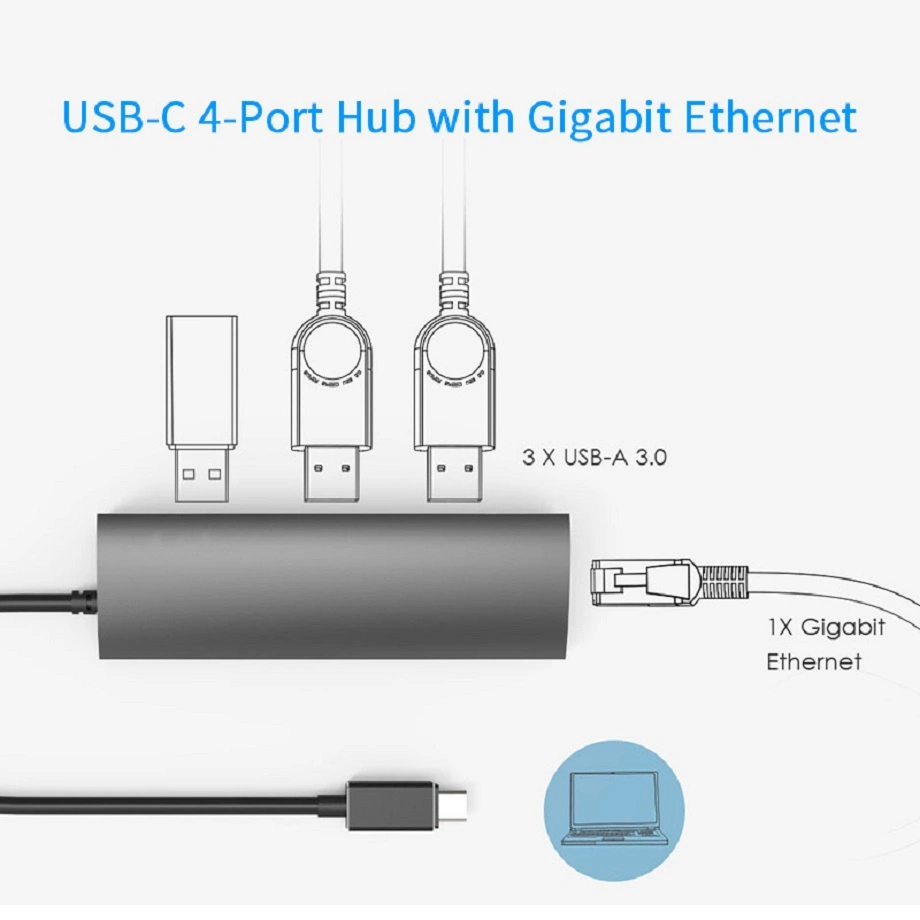 Winstars Type C Gen1 Aluminum Hub with USB3.0 and Gigabit Ethernet Port