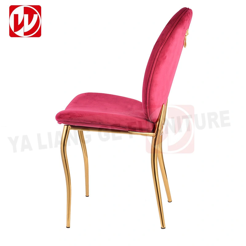 Qatar High-End Luxury Design Red Nordic Velvet Dining Chair Acero inoxidable Silla de boda Oro de anillo de León de acero