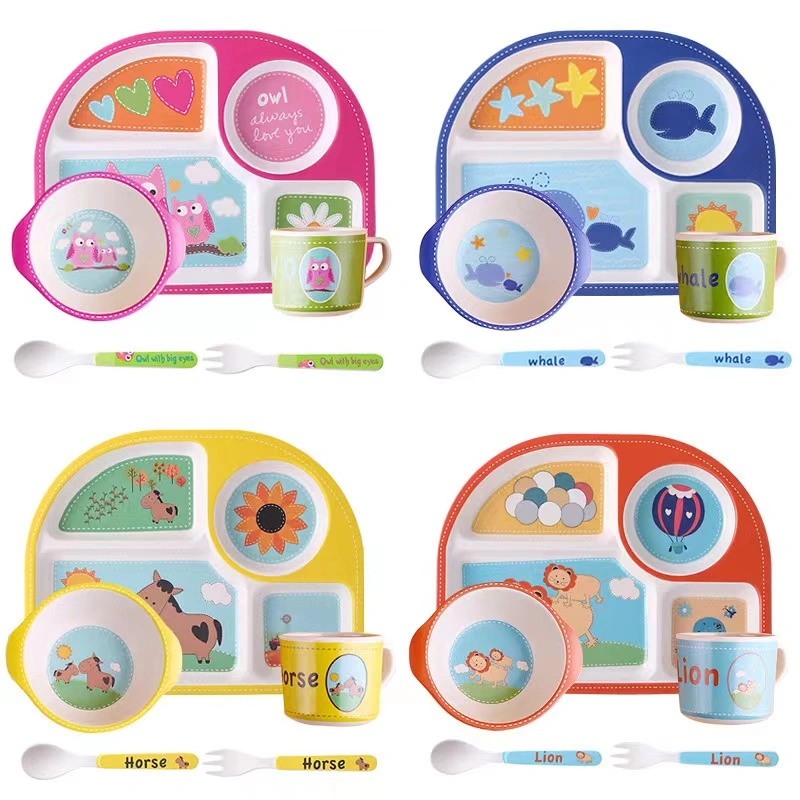 Conjunto de oferta Aohea para criança LFGB Cartoon Animal Bamboo Fiber Dinnerware Conjunto de placa para criança