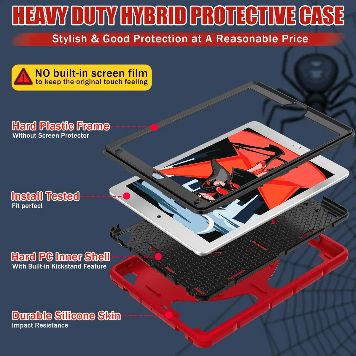 Rugged Silicone Hard PC Tablet Case Shockproof Cover with Pencil Holder for iPad 9.7-Inch