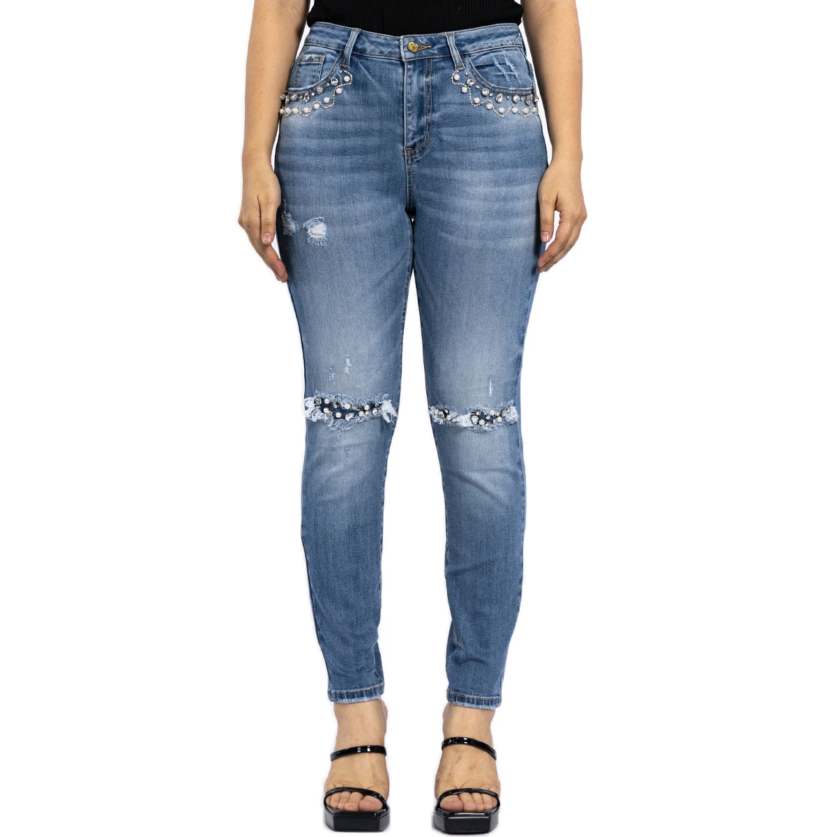 Biselado Appliqued azul Ripped jeans ajustados para la Mujer