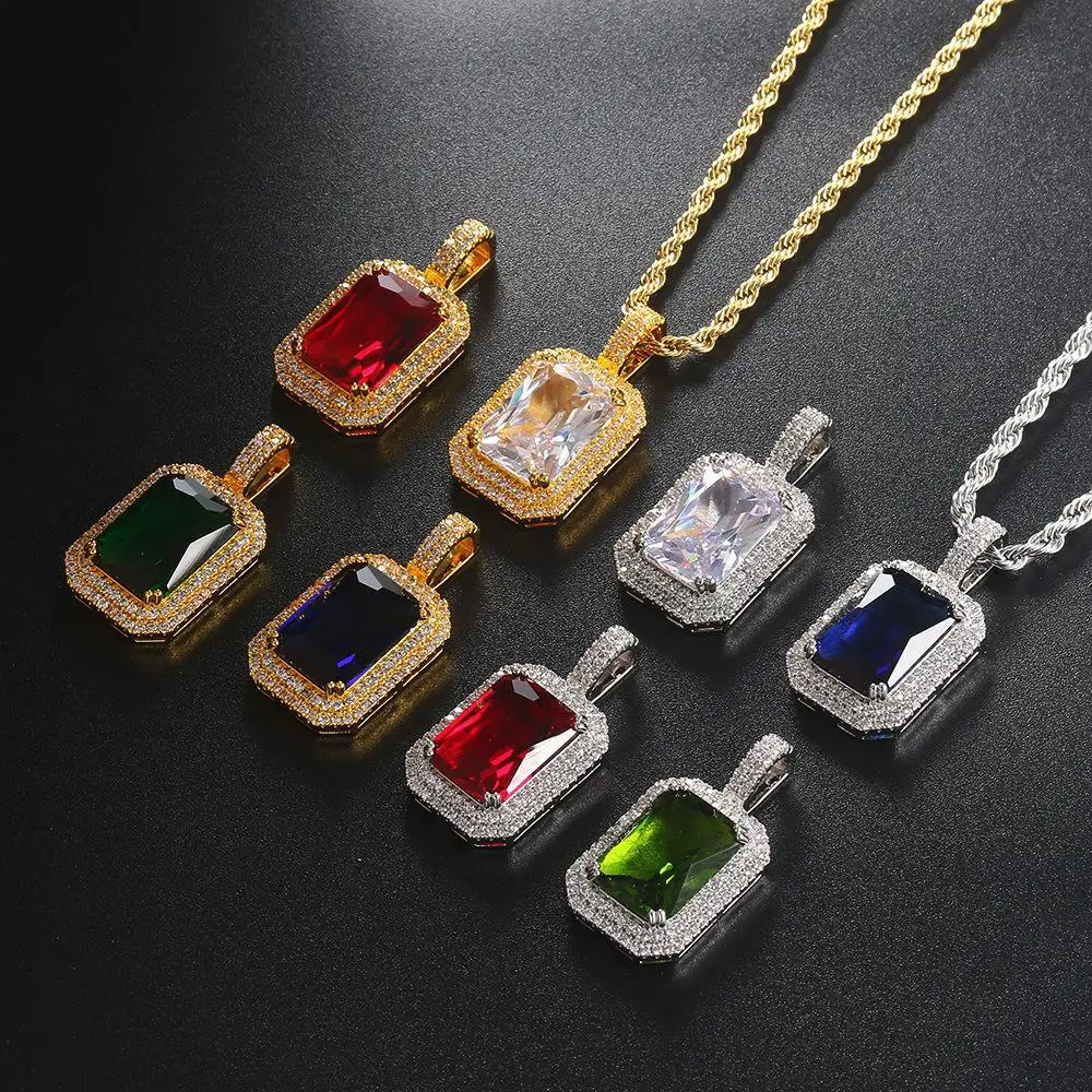 Solid Square Zirconia Pendant Full of Diamonds with Large Colored Stones Necklace