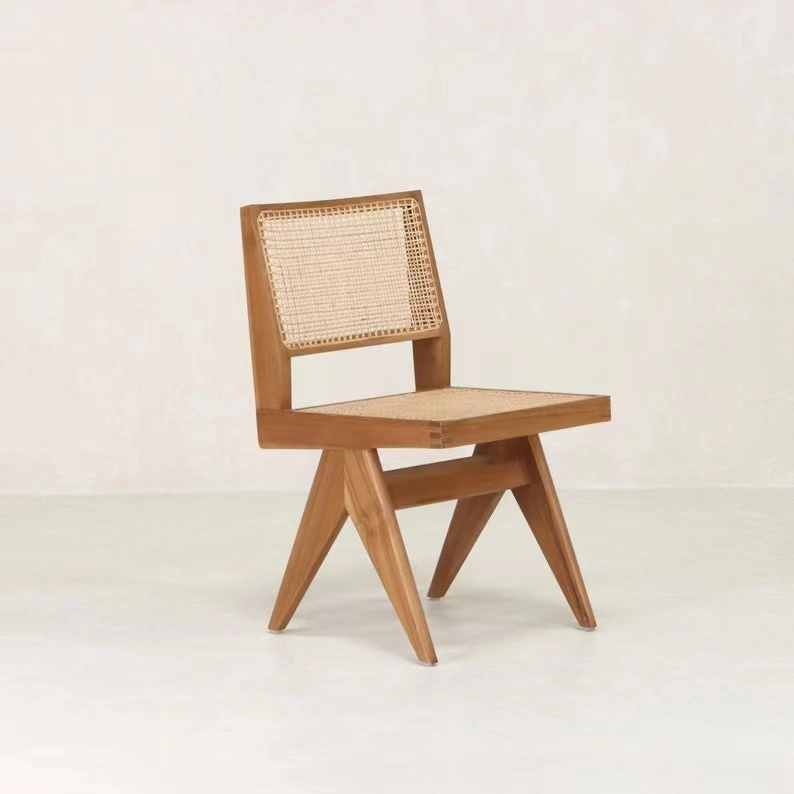 Nordic Style Pierre Jeanneret Chair Chandigarh Chair Massivholz Rattan Essstuhl mit Rückenlehne