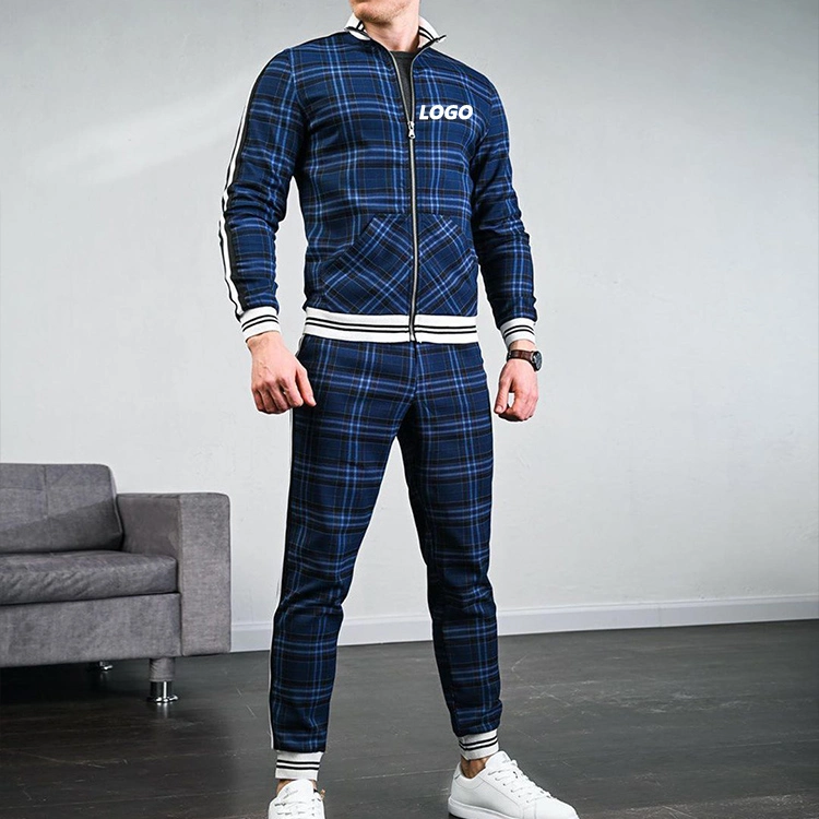 Wholesale Fashion Grid Blank Custom Slim Fit Sweatsuit Jogger Tracksuit Mens Tracksuit