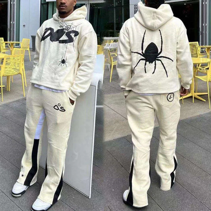 Streetwear Puff Printing Hoodies Custom Tracksuit for Men 2 Piece Set Flared Sweatpants Jogging and Cropped Hoodies Set Y2K Men's Sweat Suit Tracksuit