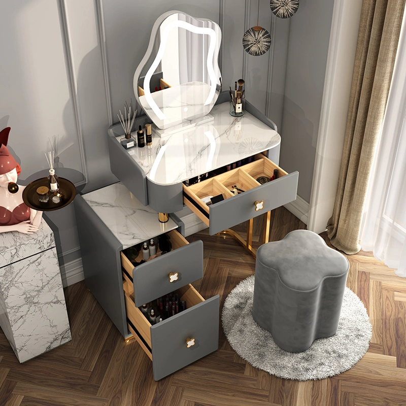 Home Hotel Bedroom Nordic Golden Modern Fashion Style Makeup Dressing Table with Chair and Mirror Dresser with LED Light