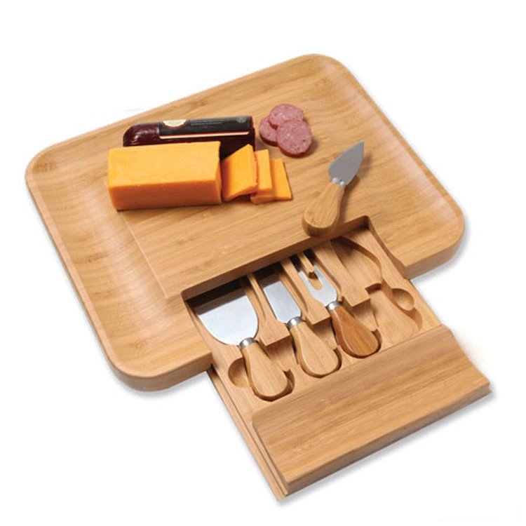 Cutlery Knife Set with Slide-out Drawer Bamboo Cheese Serving Tray Board Set