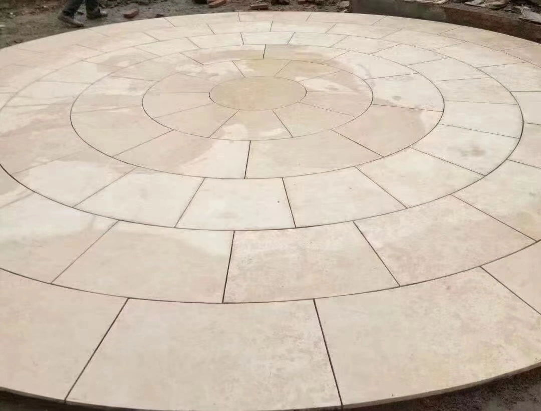 Travertine Paver Beige Round Circular Patio Tile on Pavement