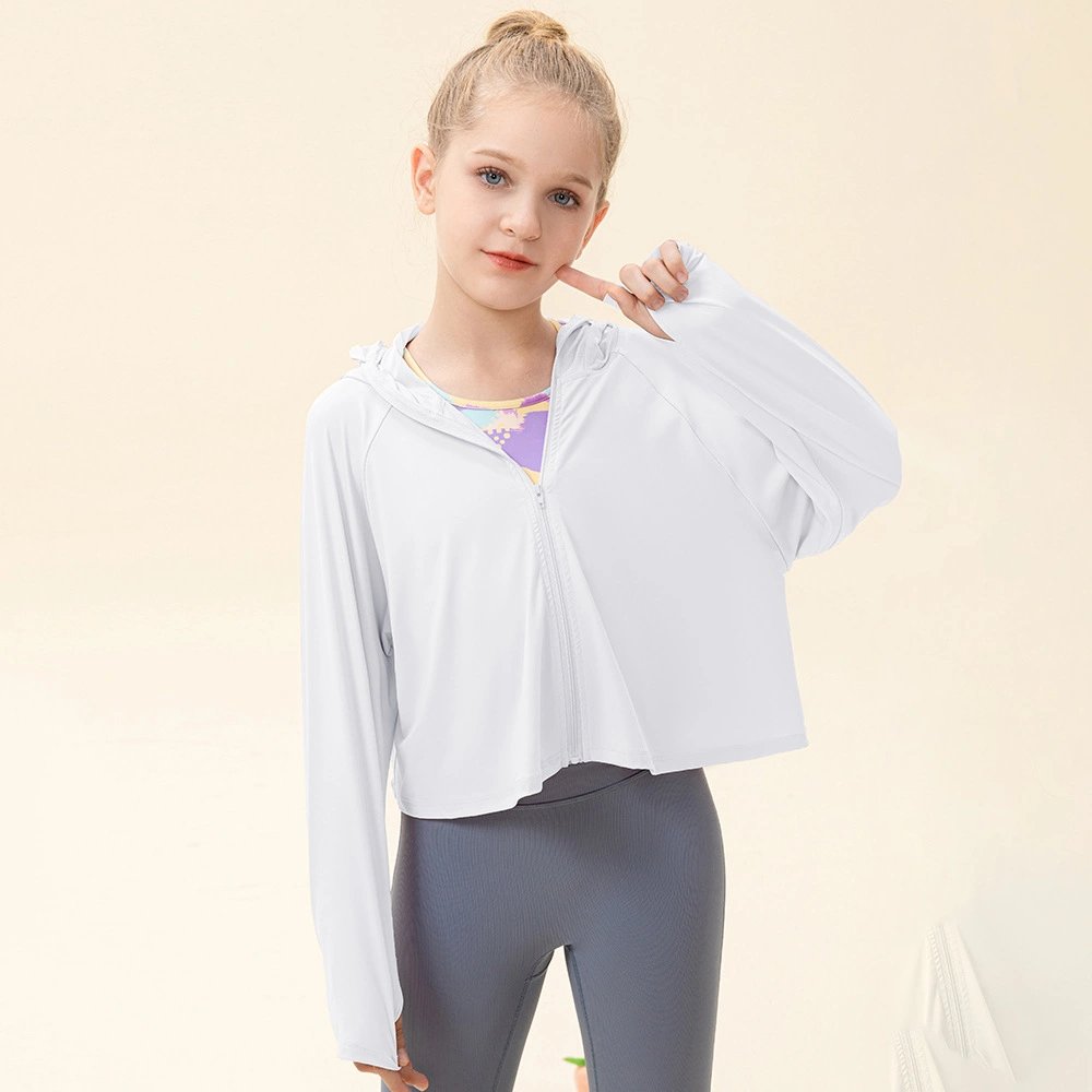 Los niños de la seda de hielo crema protectora solar ropa casual con capucha manga larga y holgada transpirable de Anti-UV de Equitación Deportes al aire libre el cabo de los niños el Yoga Tops