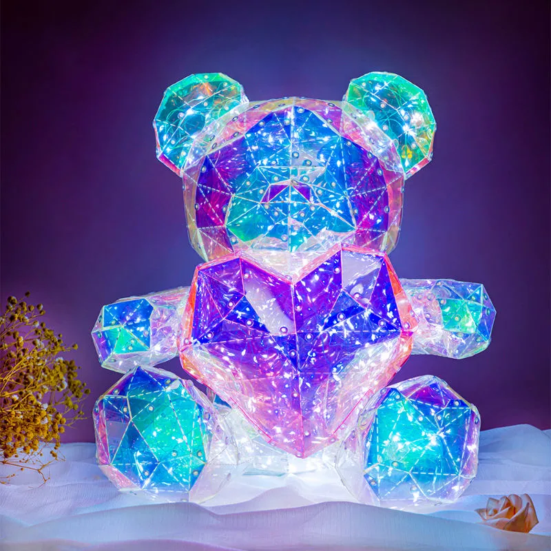 Luz LED de regalo de San Valentín con oso de corazón rosa rojo Holographic PVC Foil Film Rainbow USB Charge 30cm Oso de peluche