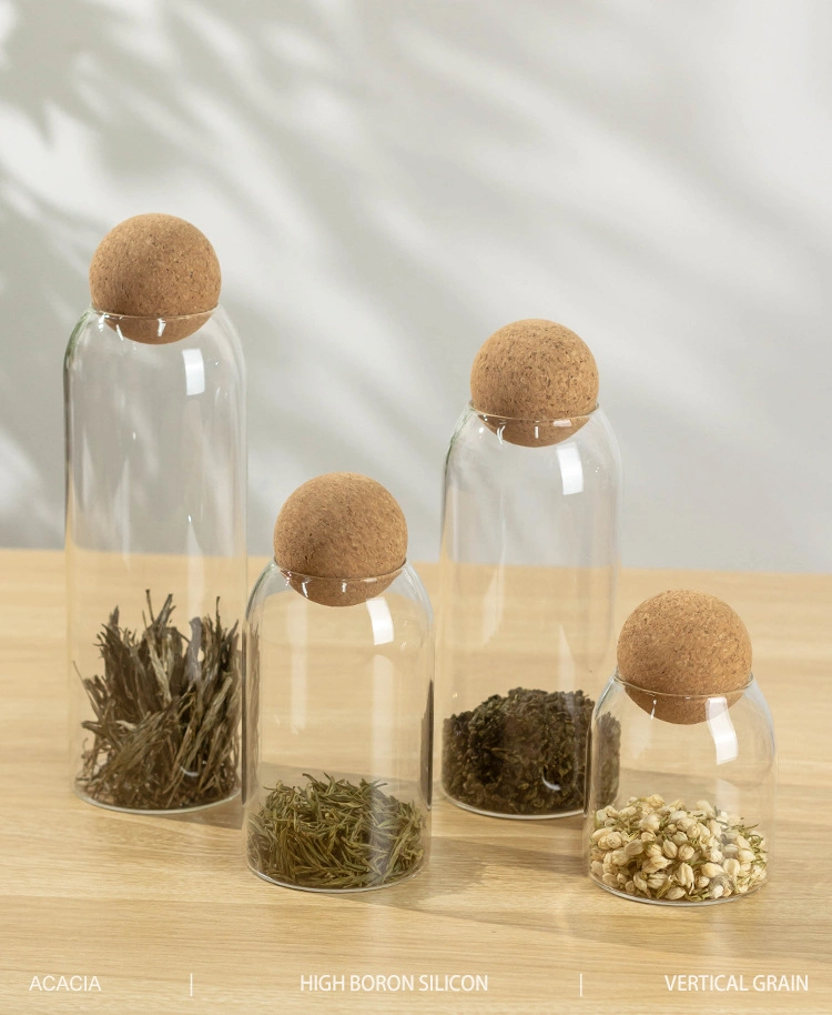 Ensemble de pots de rangement en verre rond pour épices et café avec couvercle en bois scellé en forme de boule pour les aliments.