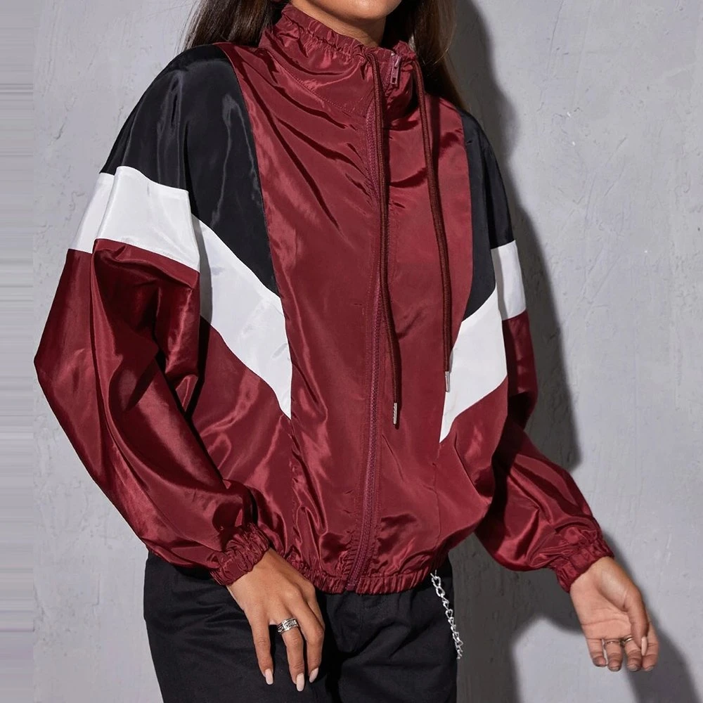 Autumn Color Block Drawstring Mindbreaker Custom Full Zipper Omen Vintage Jacket Windbreakers Jacket for Women