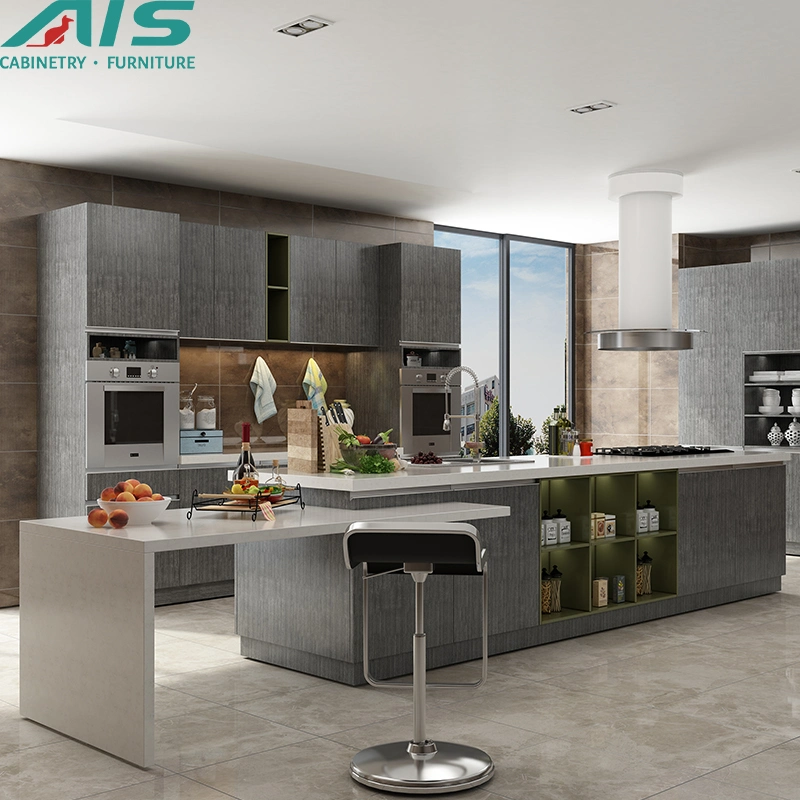 AIS European Modern Design Tall Quality Grey Plywood Wood Furniture Set Island Cupboards Kitchen Cabinets with Sink