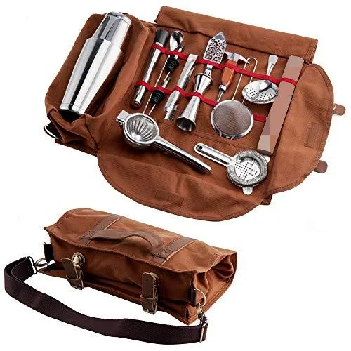 Hot Selling Barmen Set Waterproof Storage Canvas Portable Solid Durable Cocktail Bar Shaker Set Stainless Steel Bar Set with Bag