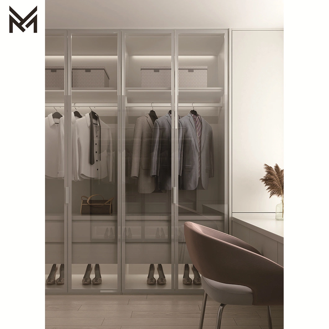 Custom Modern Tempered Glass Door Bedroom Cabinet Villa Hotel Bedroom Furniture Luxury Walk in Wardrobe with Shoe Rack