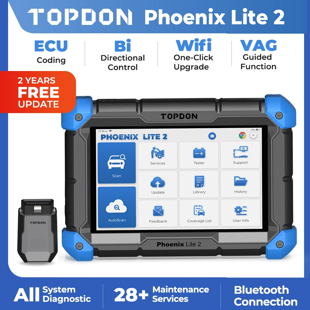 Topdon European Stock Phoenix Lite2 2 2 anos actualização gratuita Portable Codificação da ECU de diagnóstico do sistema Smart Car para automóvel de camiões Ferramenta de diagnóstico do scanner OBD2