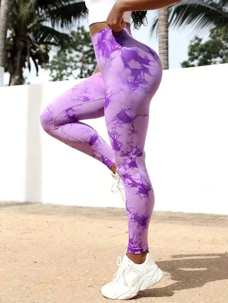 Женские леггинсы йоги для фитнеса с яркими цветами на поясе Мраморный нажимной галстук Дье двойной полосы Scrunch Назад мода Брюки для йоги