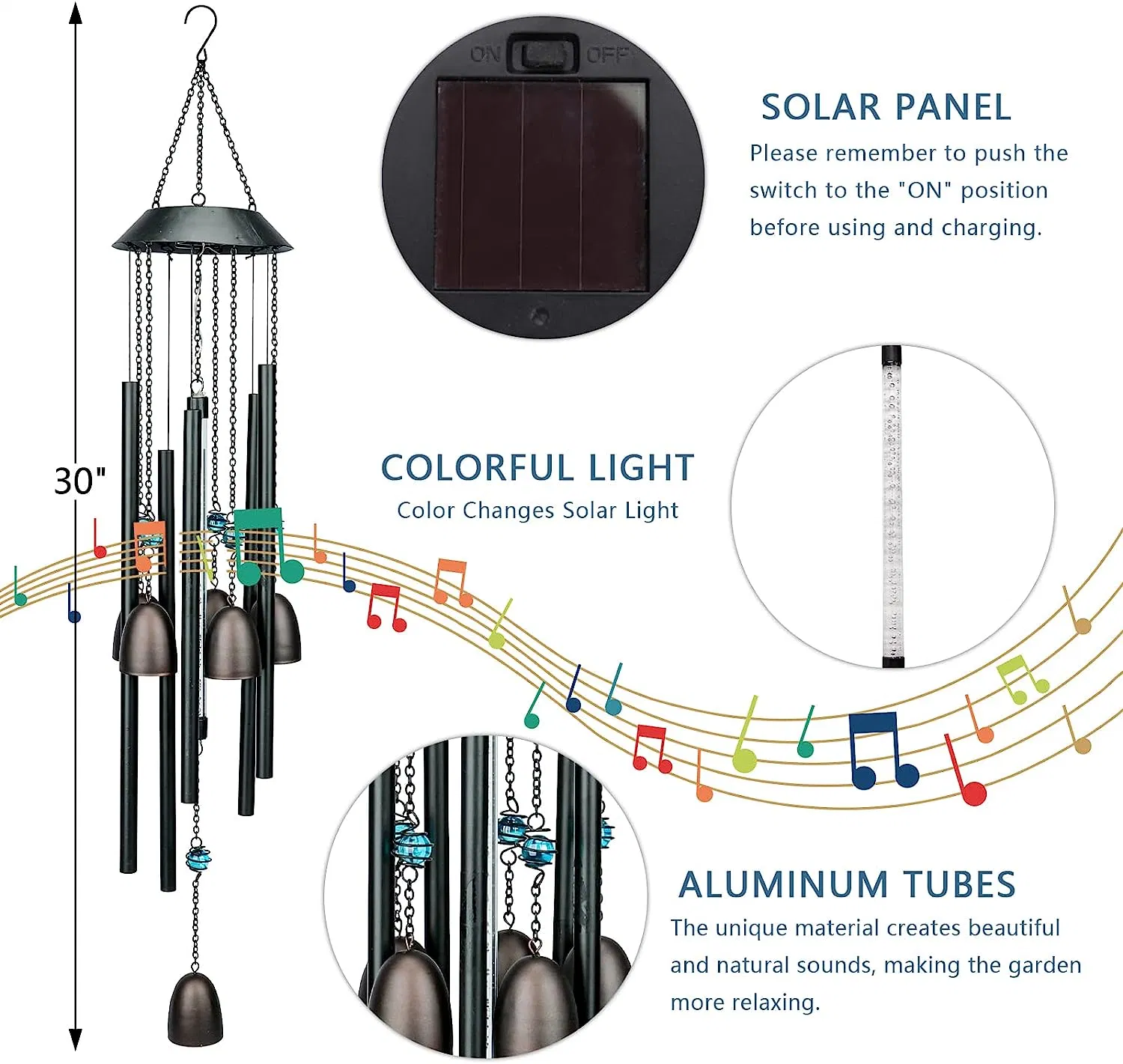 Taman Solar Wind Chime for Outside - LED Color Changing Wind Chime Decorative Memorial Gift, for Home, Outdoor, Yard, Patio, Garden Decor, 30"