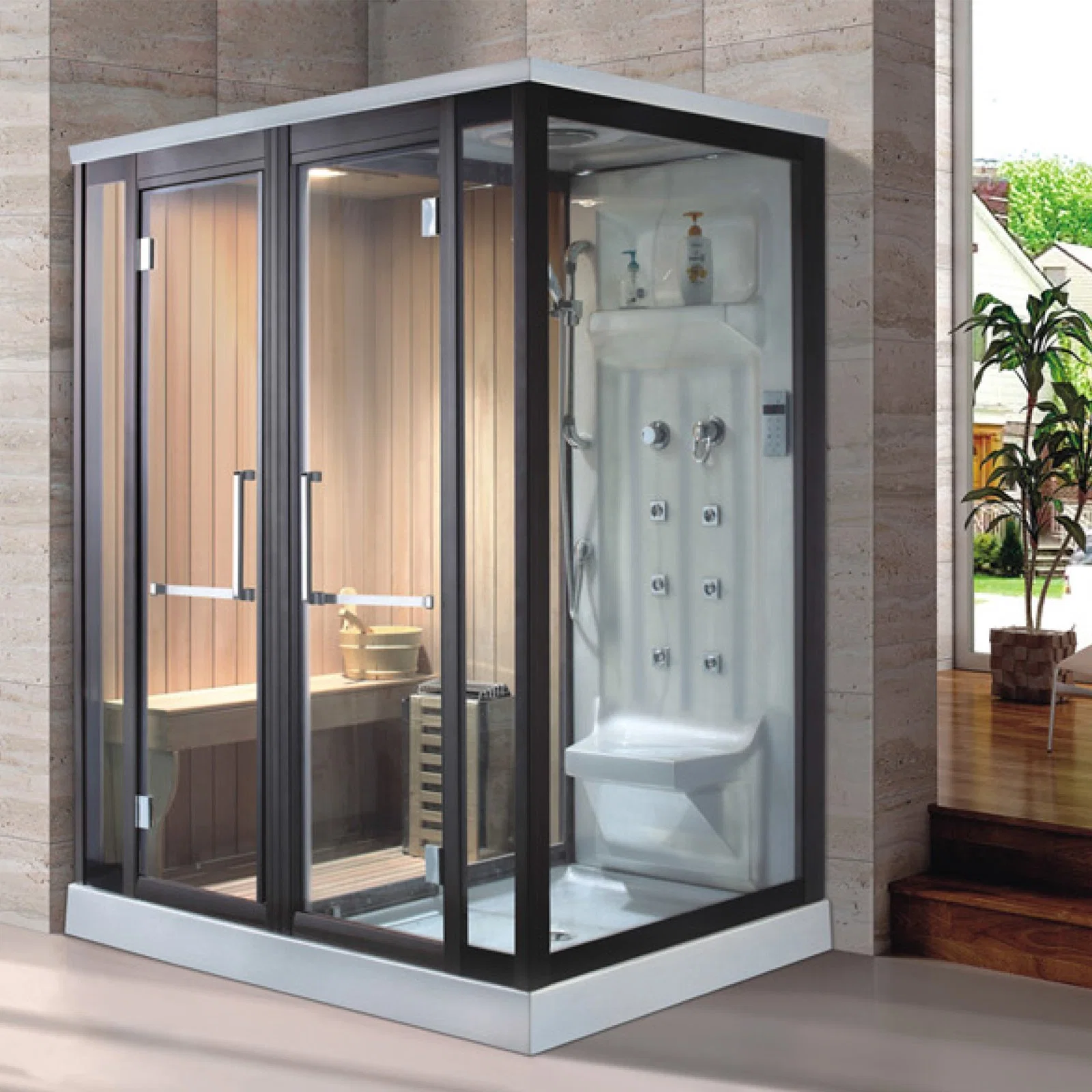 Quarto Luxury Design FAR Infrared Steam Sauna seca tradicional de fibra de vidro E Wet Steam com Duche Room