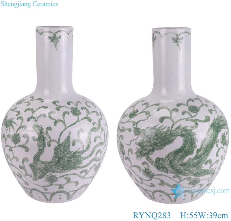 Chinese Dragon and Phoenix Pattern Green and White Color Ceramic Ball Globular Vase