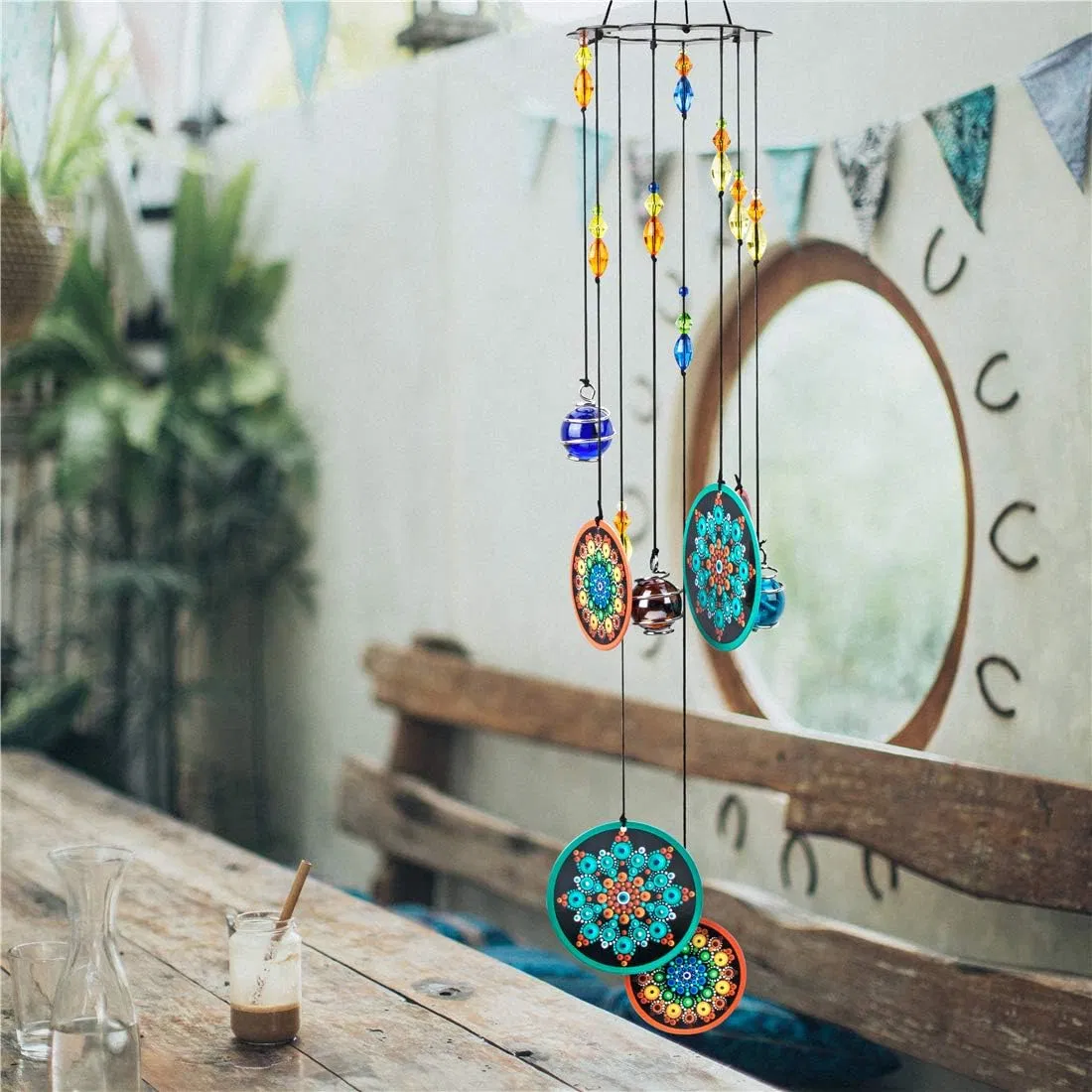 Flower Wind Chimes Outdoors with Colorful Glass Beads Deep Tone Memorial Sympathy Window Garden Home Decoration Hanging Windchimes for Outside