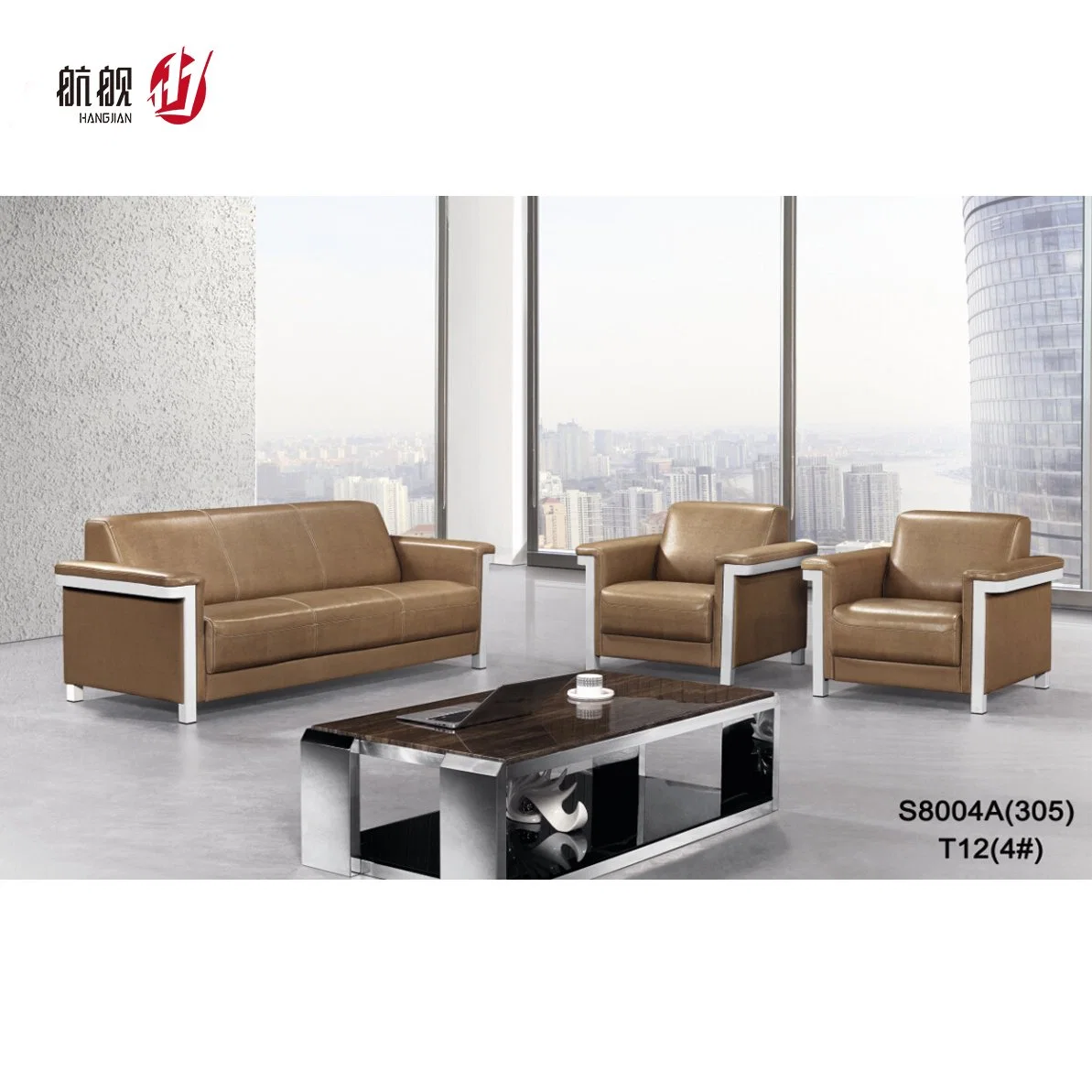 1+1+3 Seater Leather Waiting Sofa for Office Seating with Chrome Fixed Base