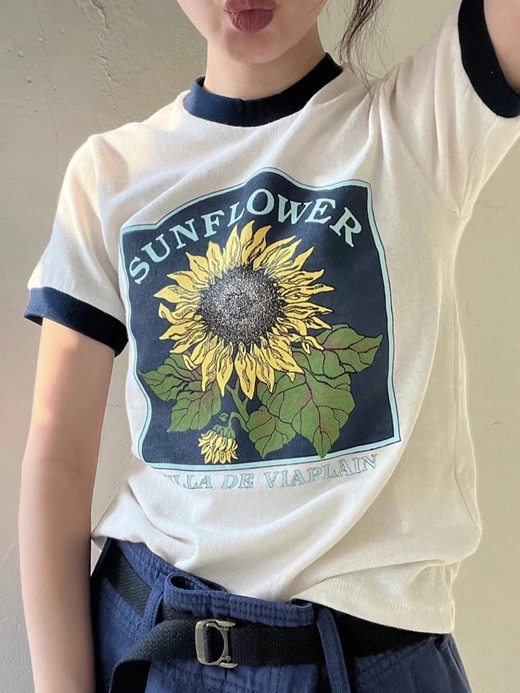 Sunflower Short Sleeve Top Corea del Sur Dongdaemun Nueva Primavera de mujeres Estilo camiseta Verano