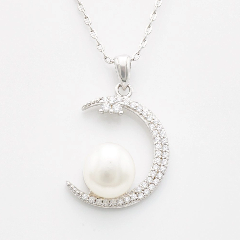 Bijoux en argent sterling personnalisés à la mode avec pendentif lune en diamant et perle