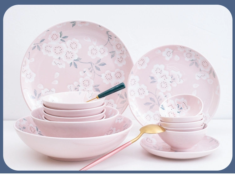 Porcelain Spring Season Pink Sakura Flower Stamp Printing Free Collocation Plate Bowl Dinnerware Sets