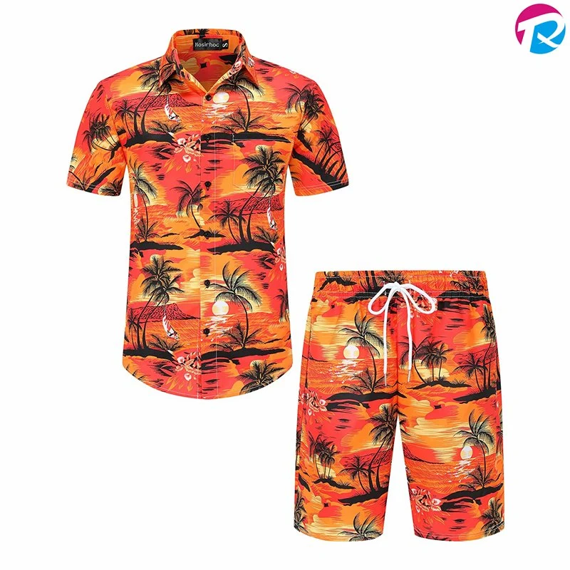 Custom Men Summer Hawaii Printed Shirts Hawaiian Beach Wear Matching Shirts and Pants Set