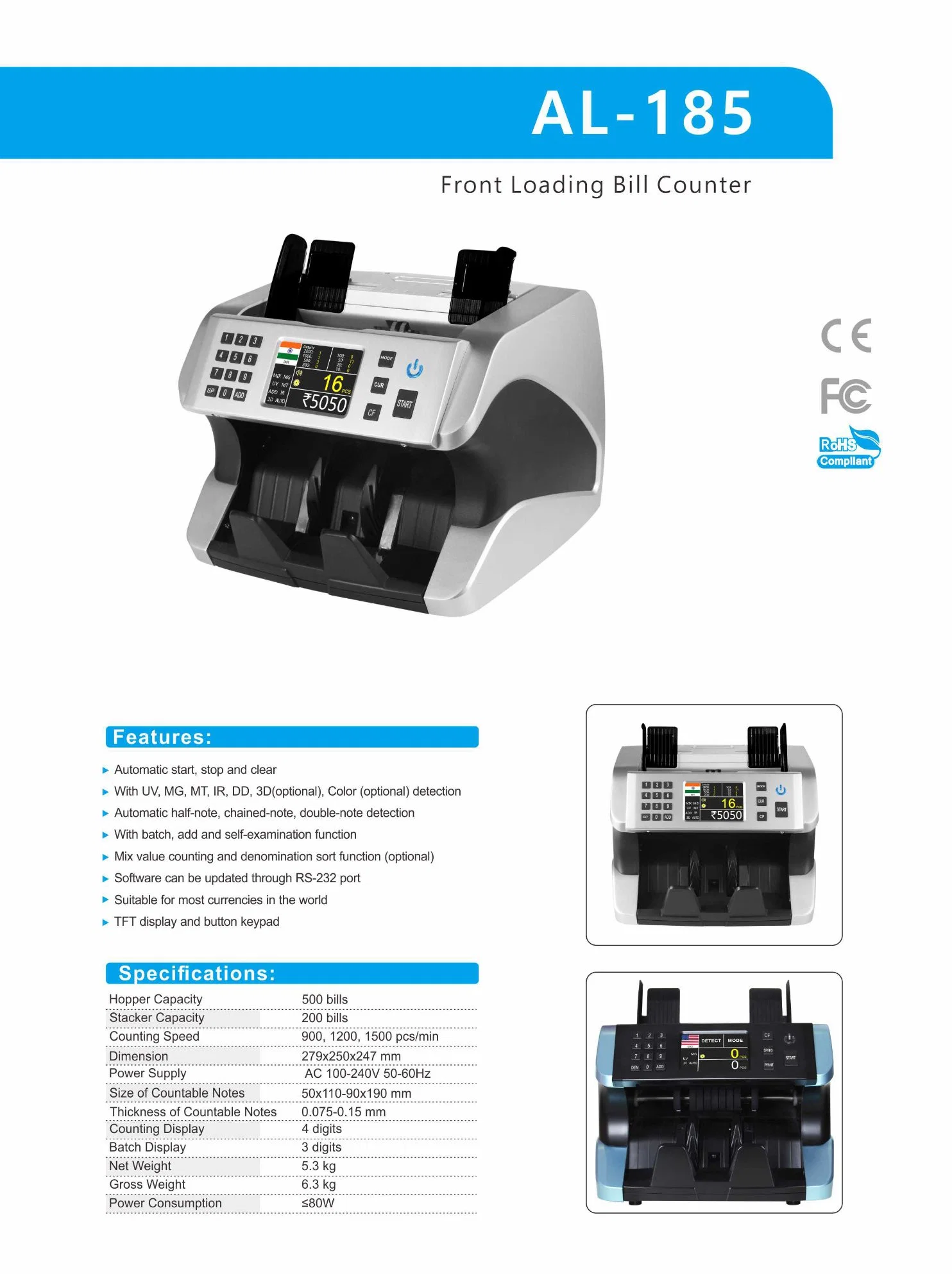 Al-185 Automatic Currency Counter Machine Note Counting Machine for Worldwide Money