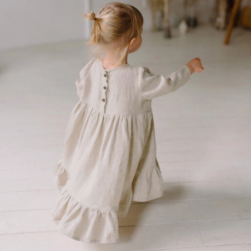 Heiße Verkaufende Kinder Herbst Frühling Tragen Gesmockte Langärmelige Babykleidung Baumwolle Leinen Kleid Baby Mädchen Kleid