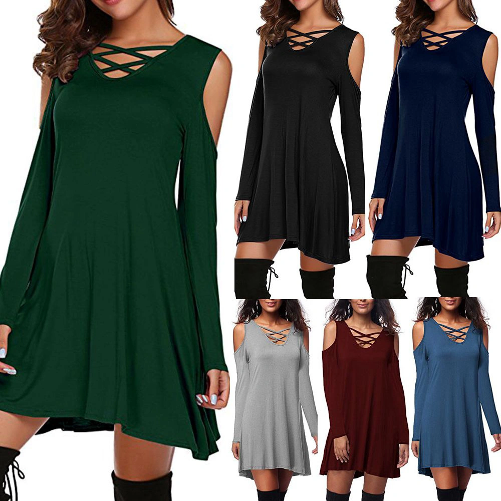 Women's Long Sleeve Cold Shoulder Casual Dress