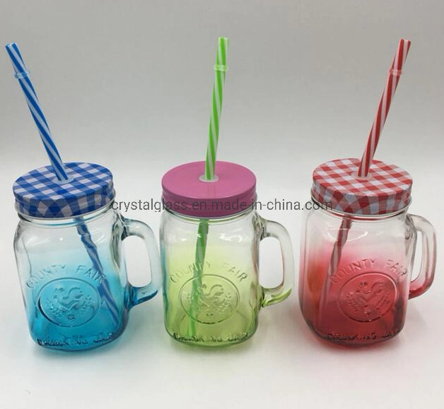 Embossed Glass Bottle Mason Jar with Handle for Milk Shake and Smoothie