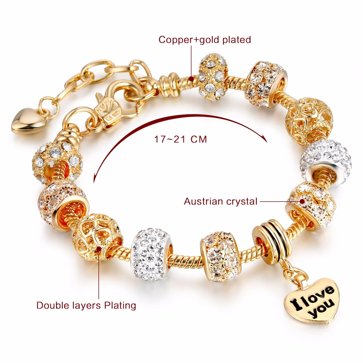 Bracelets Gold Plated Snake Chain Bracelets CZ Crystal Beads Charms Bracelets Heart Charm Bracelet with Extender Esg13591