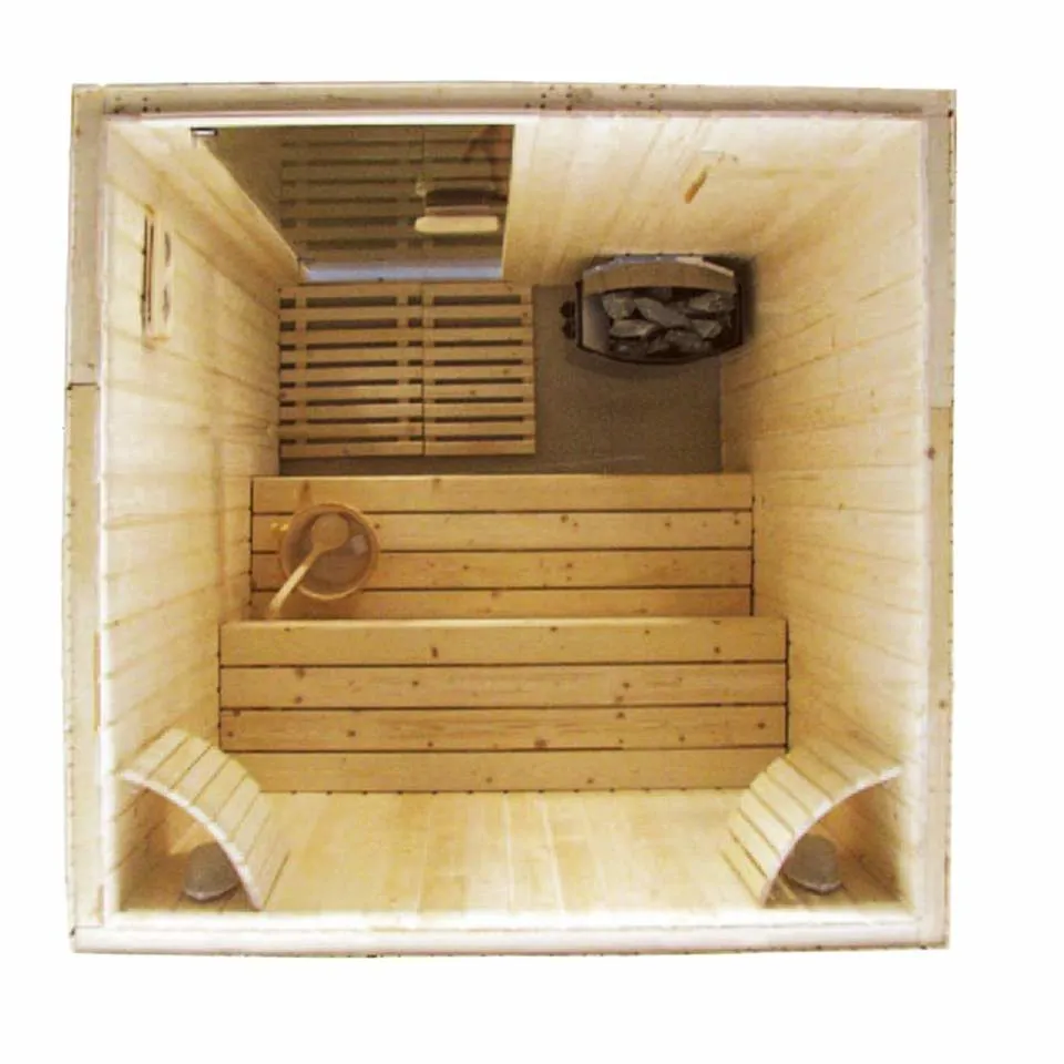 Delante de la puerta de vidrio de madera de abeto Filand 6 personas utilizan Sauna seco con accesorios