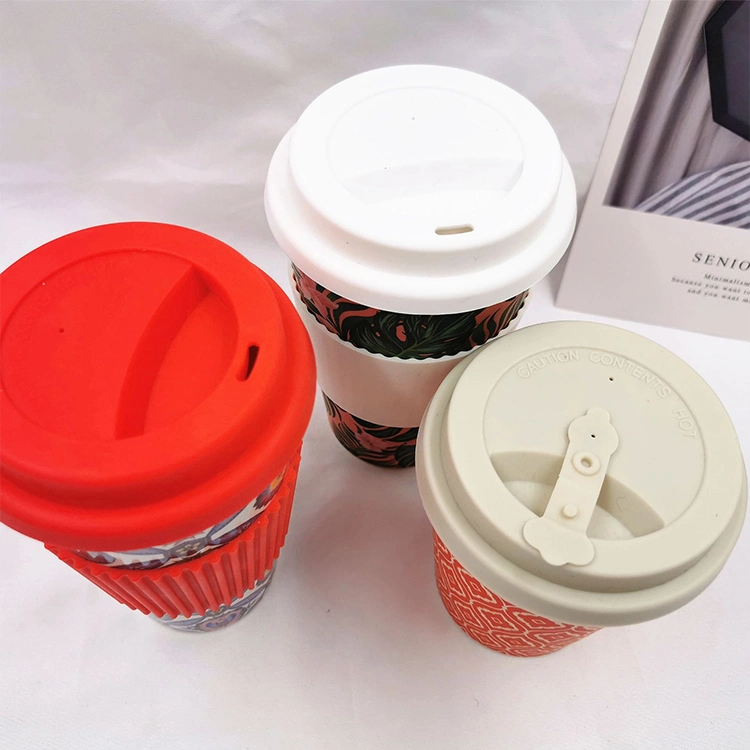 Customerised Colored Printing Natural Bamboo Fiber Coffee Cup with Silicone Lid and Sleeve