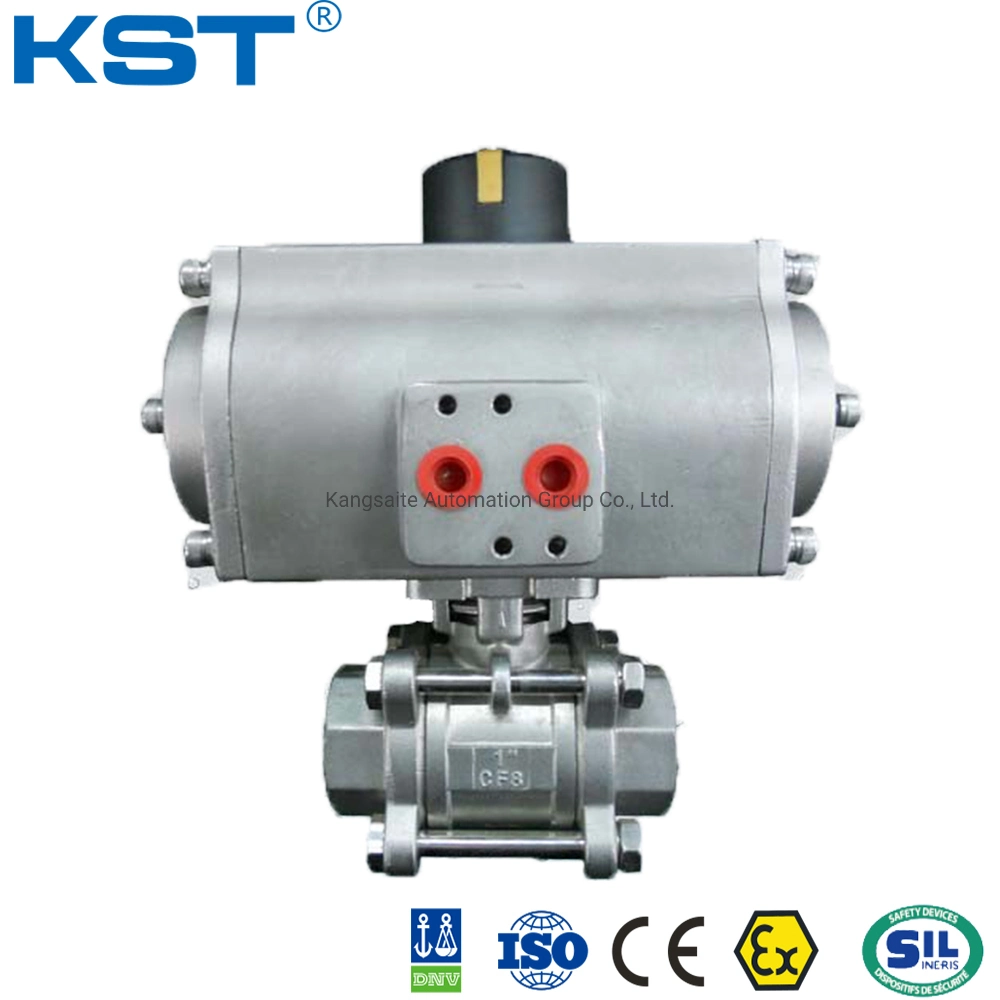 3PC/BSPT roscadas NPT/G/PT Válvula de bola con actuador neumático de acero al carbono o acero inoxidable/Wcb/Lcb/CF8/CF/CF8m3m JIS/DIN/EN/ANSI/GB API 6D/API 598/CE/ISO9001